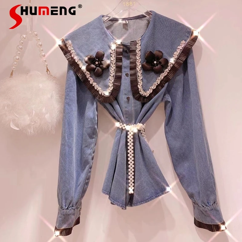

2022 Spring New European Exquisite Rhinestone 3D Flower Shawl Doll Collar Denim Shirt Women Fashion Sweet Loose Jeans Blusas Top