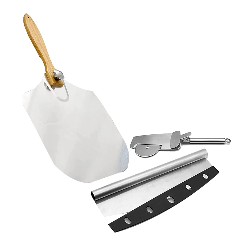 

Pizza Peel Aluminium Pizza Shovel with Folding Wooden Handle and Stainless Steel Multifunction Pizza Cutter