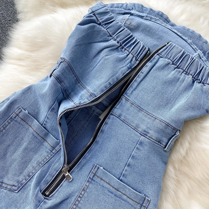 Комбинезон джинсовый женский без бретелек Модный повседневный однотонный