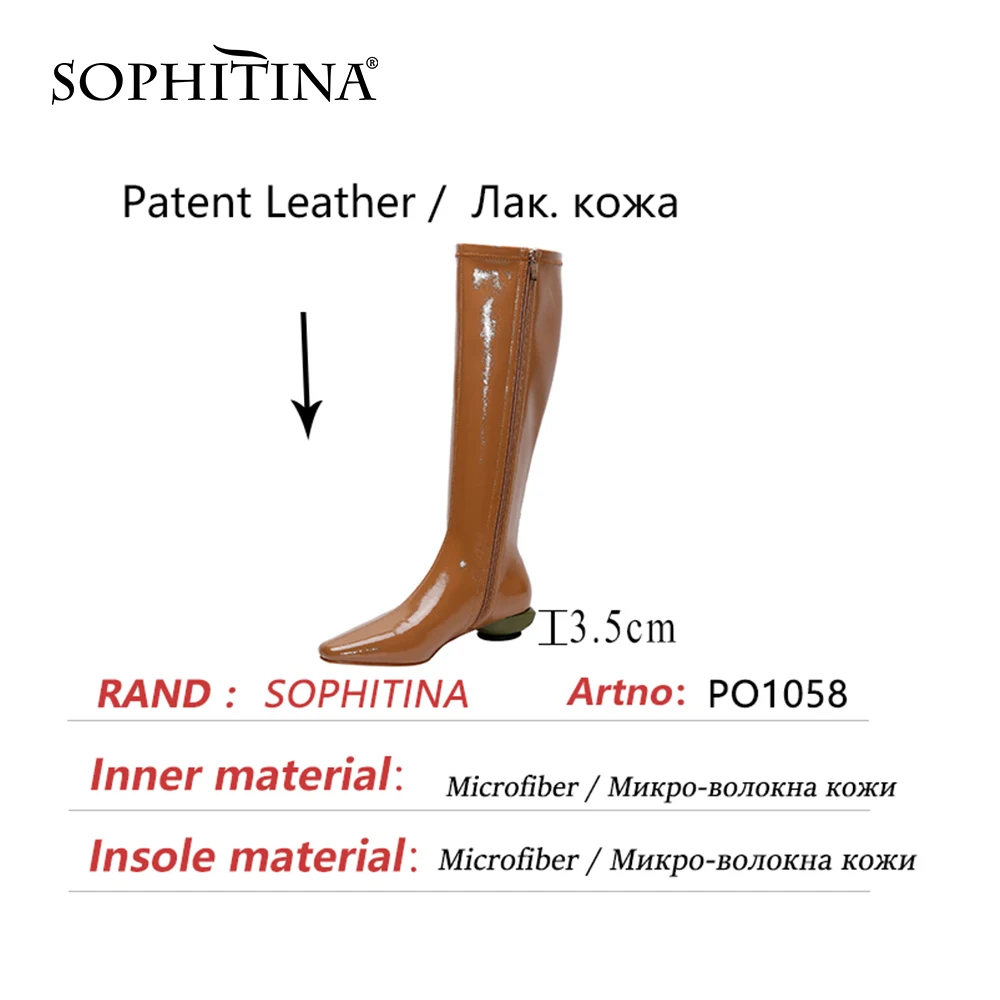 

SOPHITINA Knee-high Boots Woman Concise Style Solid Bright Leather Zipper Pointed Toe Med Strange Heel Shoes PO1058