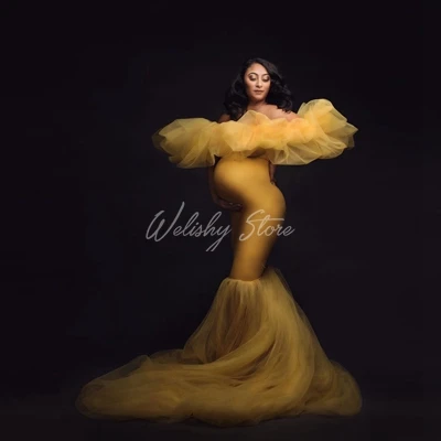 

Beautiful Gold Bridal Maternity Dresses Women Sexy Puffy Tulle Skirt Elastic Spandex Mermaid Long Party Dresses Custom Made