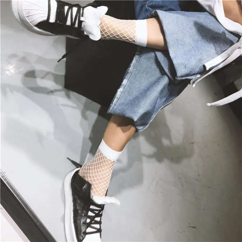 

Women Fishnet Mesh Long Stretch Hosiery Socks Sexy Grid Socks White Thin Hollow Lattice Geometry Summer Breathable Net Socks