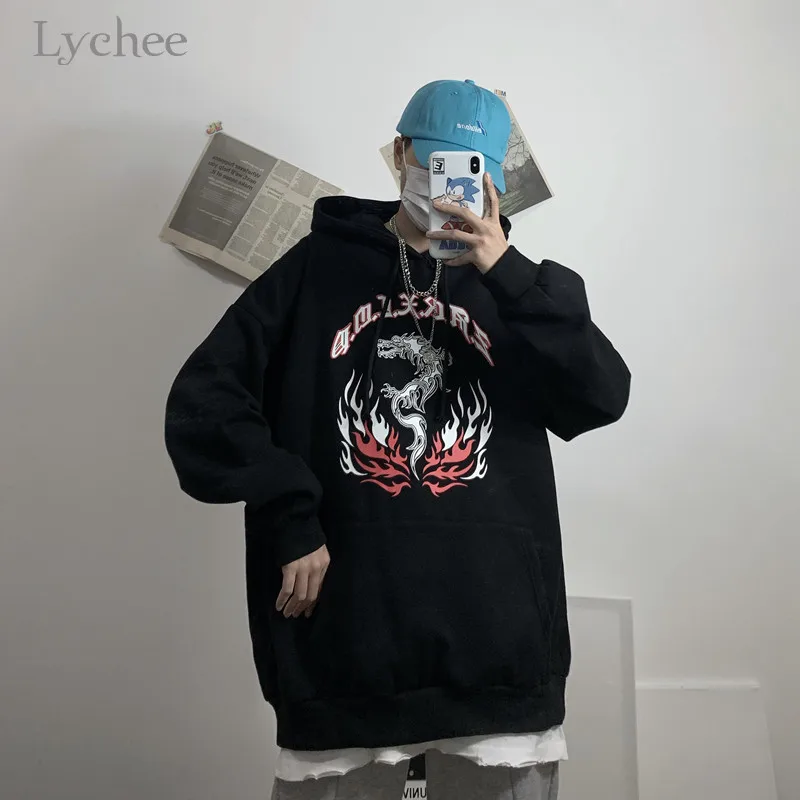 Женский флисовый Свитшот Lychee в стиле Харадзюку С Капюшоном и принтом пламени