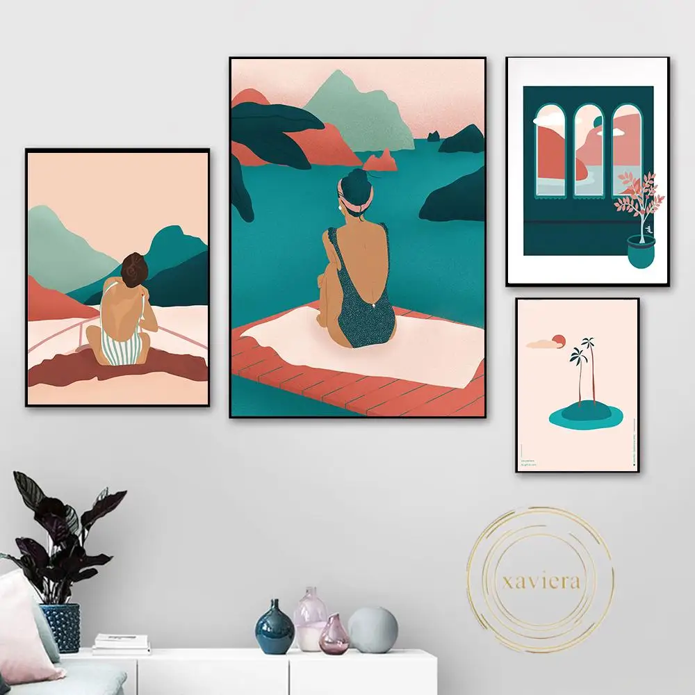 

Bohemian Retro Illustration Fashion Girl Posters and Prints Nordic Summer Landscape Art Canvas Painting Home Decor Girls Bedroom