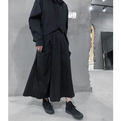 Юбка трапеция в стиле ретро черная Свободная юбка с завышенной талией и