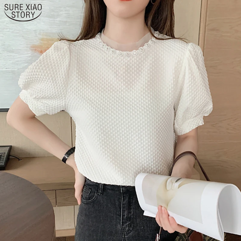 

Casual Loose O Neck Women Shirts 2022 Summer Short Sleeve Women Blouse Tops Korean Cotton Female Clothing Chemise Femme 14031