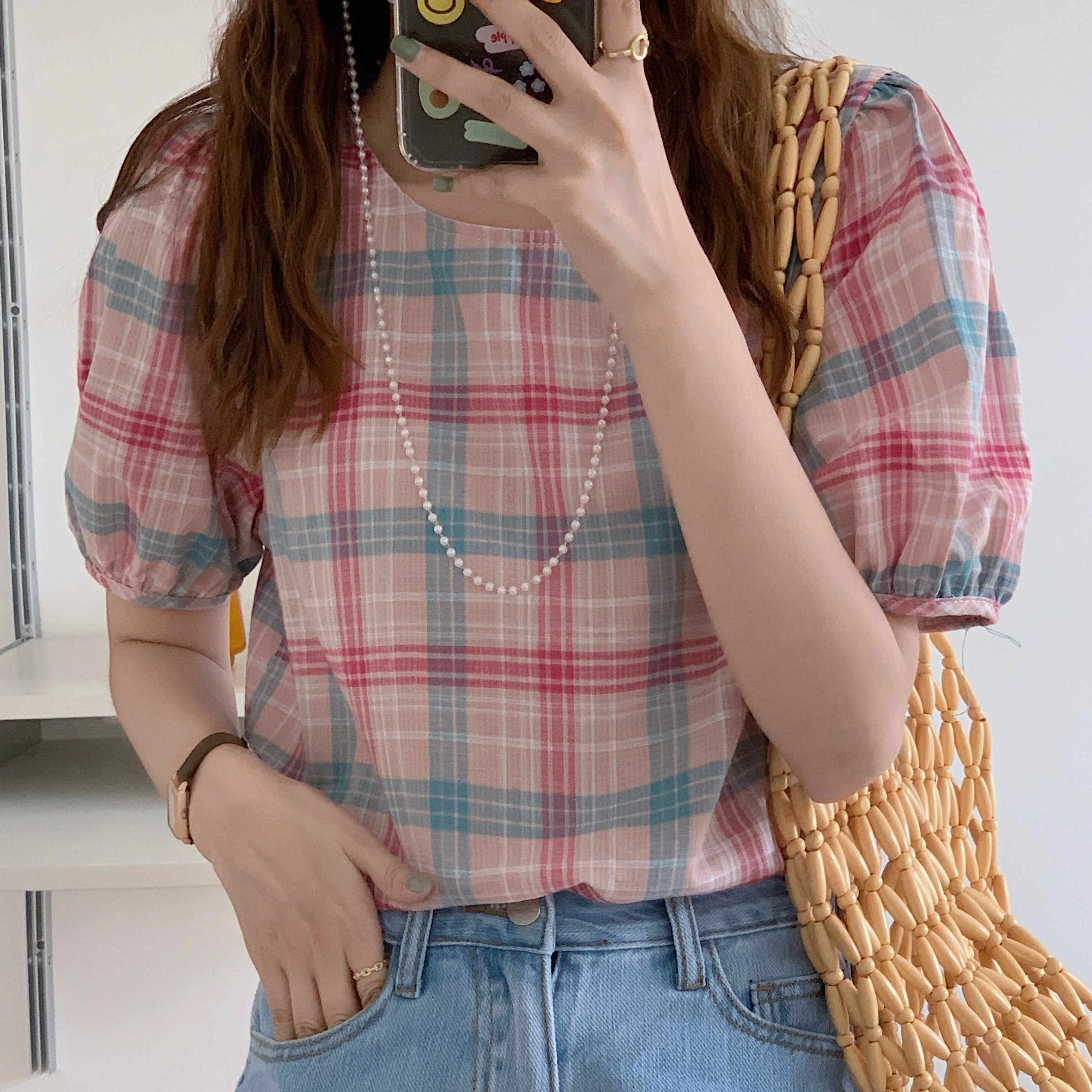 

Alien Kitty Geometric Puff Sleeves Chic Fashion Femme Plaid Sweet Girls 2021 Lady OL Casual Loose New Streetwear Shirts Blouses