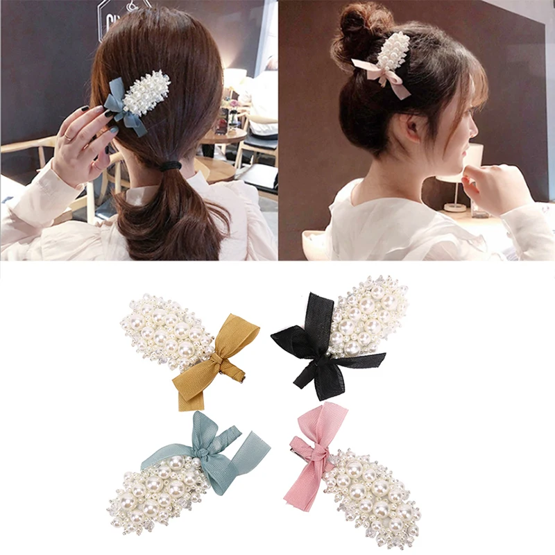 

1pc Crystal Pearl Snap Clips Hairgrips Hairpins Hair Accessories Elegant Bow Metal Pearl Hair Clip Women Clips Barrettes
