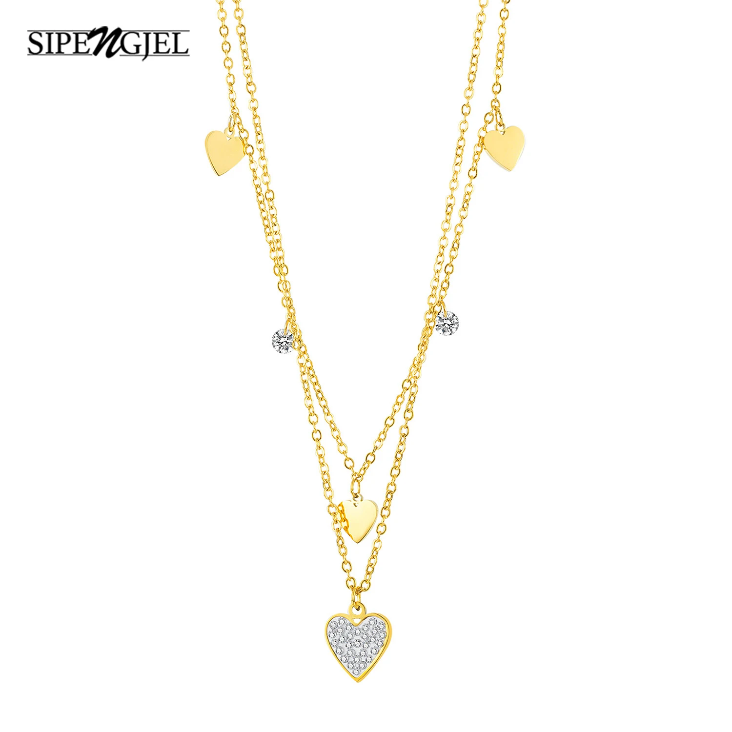 

SIPENGJEL Fashion Stainless Couples Love Heart 2 Layer Chian Neckalce Charm Chain Choker Neckalce For Women Party Jewelry