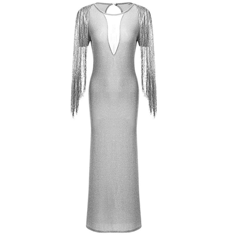 New Style Women Dress Sexy Deep V-neck Glitter Dress Rhinestone Long Tassel Vintage Ladies High Waist Split Sparkly Dresses