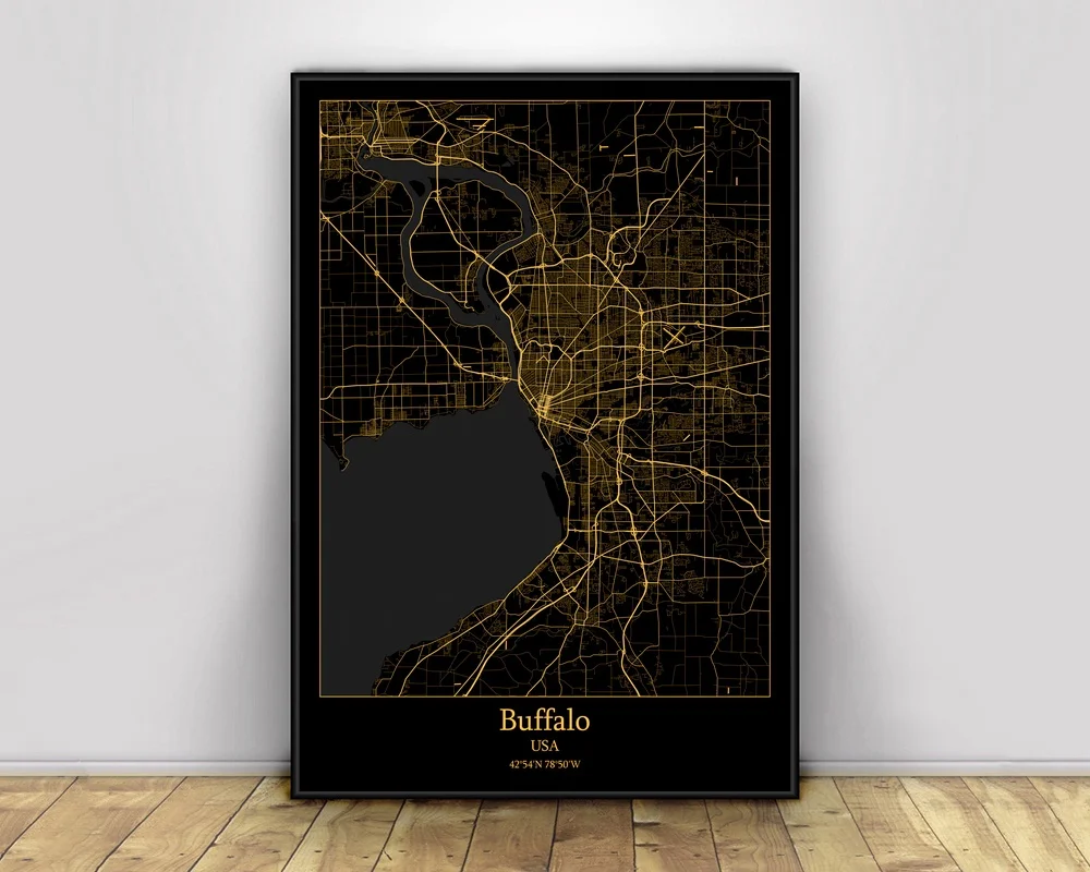 

Американский черный и золотой город Buffalo светильник кие карты, обычные настенные плакаты, печать на холсте, настенное искусство в скандинавском стиле, домашний декор