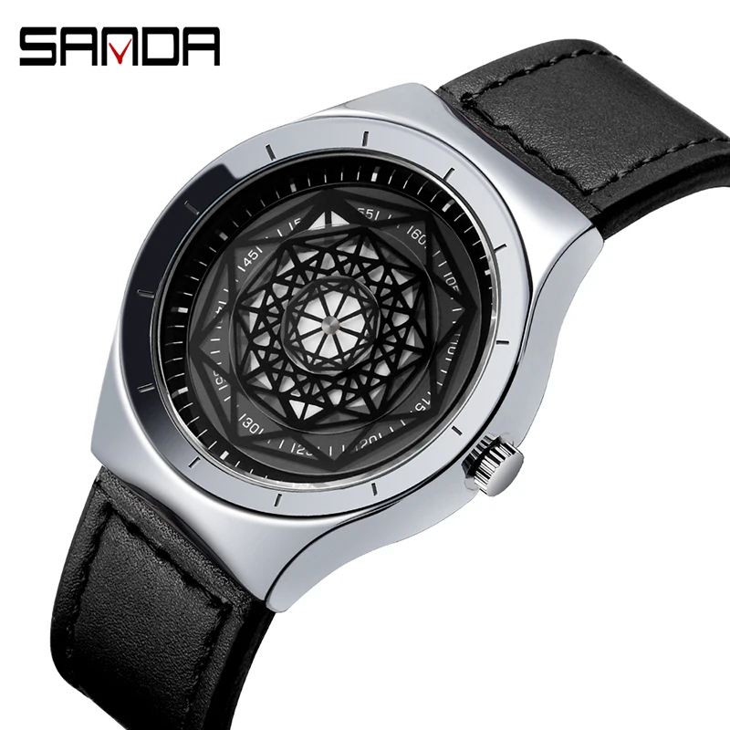 

SANDA Quartz Movement Watch For Men Wheel Series Polygonal Geometric Turntable Pointer Creative Men's Watches Relogio Masculino