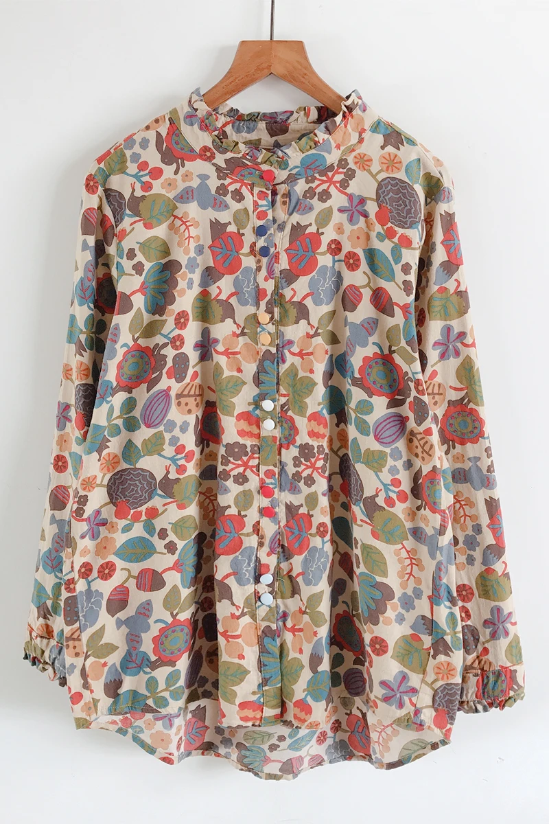 

Spring Autumn New Coat Women'S Clothing Retro Plant Print Wood Ear Stand Collar Brushed Cotton Long-Sleeved Shirt Women
