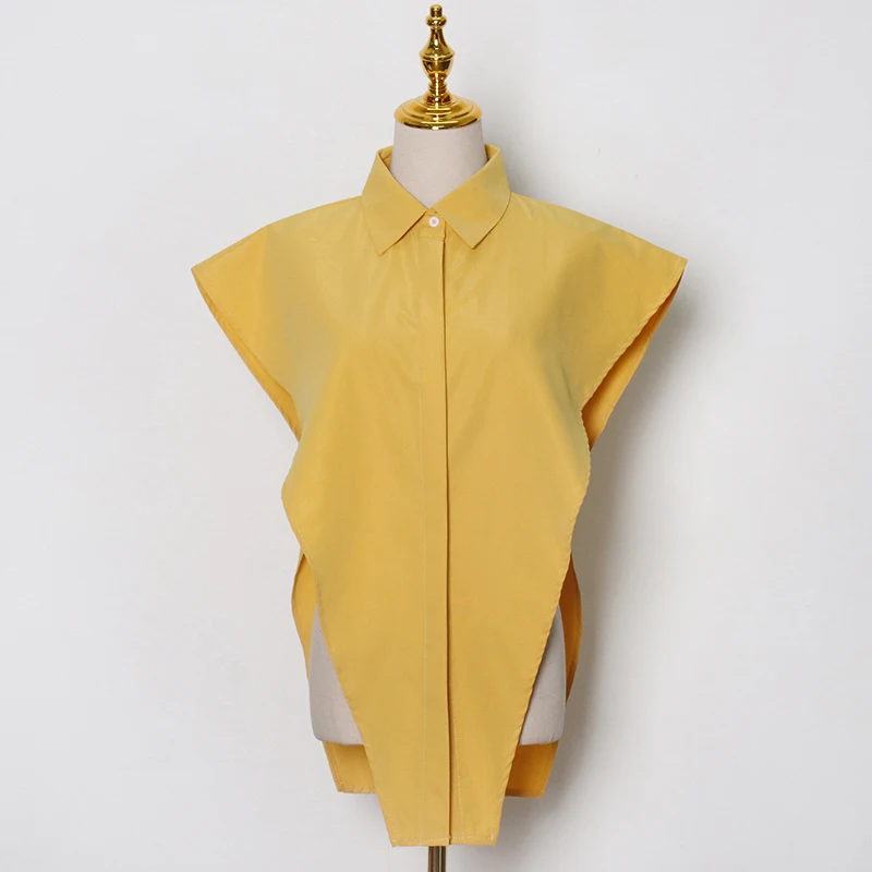 

SISPELL White Side Split Shirt For Women Lapel Sleeveless Casual Loose Minimalist Blouse Female Fashion New Clothing 2021 Style