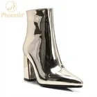 Phoentin Серебристая Женская Весенняя обувь из лакированной кожи женская обувь с острым носком золотые боковые молнии короткие женские сапоги 2020 FT1182