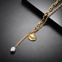 zmfashion freshwater pearl shell pendant women necklace high quanlity charm stainless steel long chain sweater necklaces jewelry