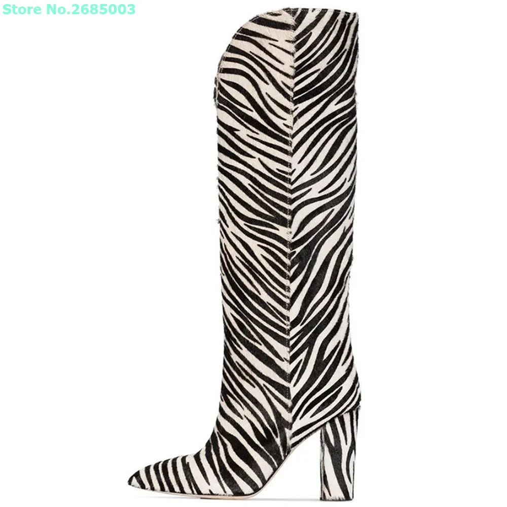 

Zebra Horsehair Thick High Heels Boots Lace Up Pointed Toe Knee High Sexy Women Newest Winter Autume Party Dress Boots Shoes