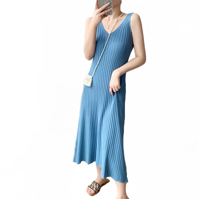 

Knitted Dress Women 2021 Summer New Korea Style Ice Silk Sleeveless Mid-length Slim Blue Long Dresses Female JD1221