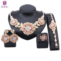 luxury dubai gold flower crystal jewelry sets for women necklace bangle earrings ring african wedding bridal jewelry sets