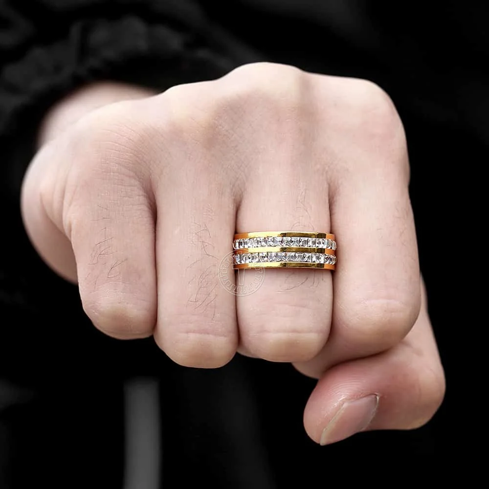 Двухрядное кольцо с фианитом для мужчин и женщин из нержавеющей стали золотого