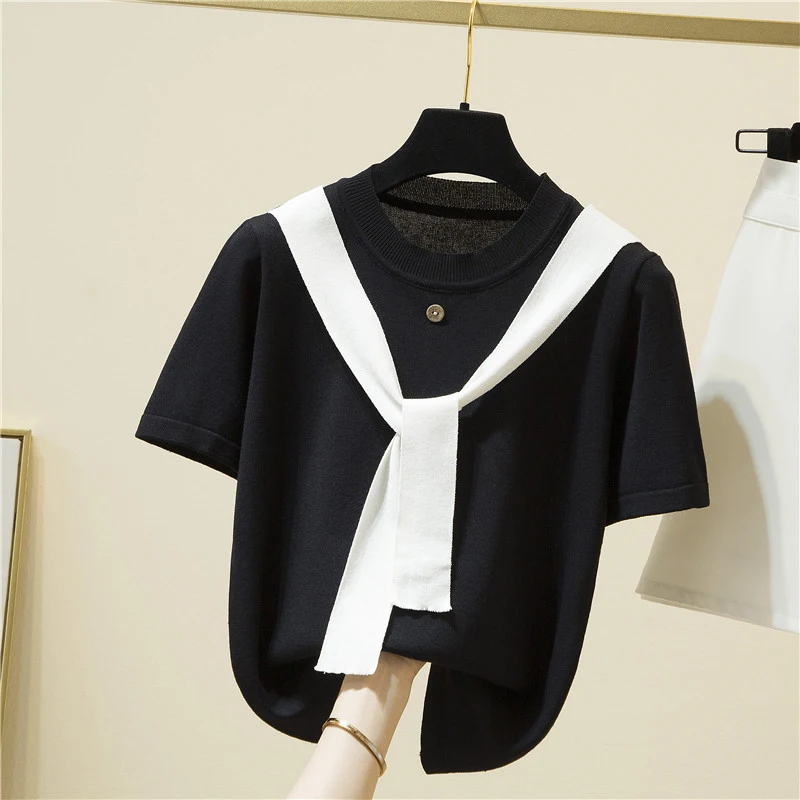 

Thin Knitted T Shirt Women 2022 Summer Tops Tee Shirt Korean Fashion Short Sleeve Casual O-Neck Patchwork T Shirts Woman Clothes