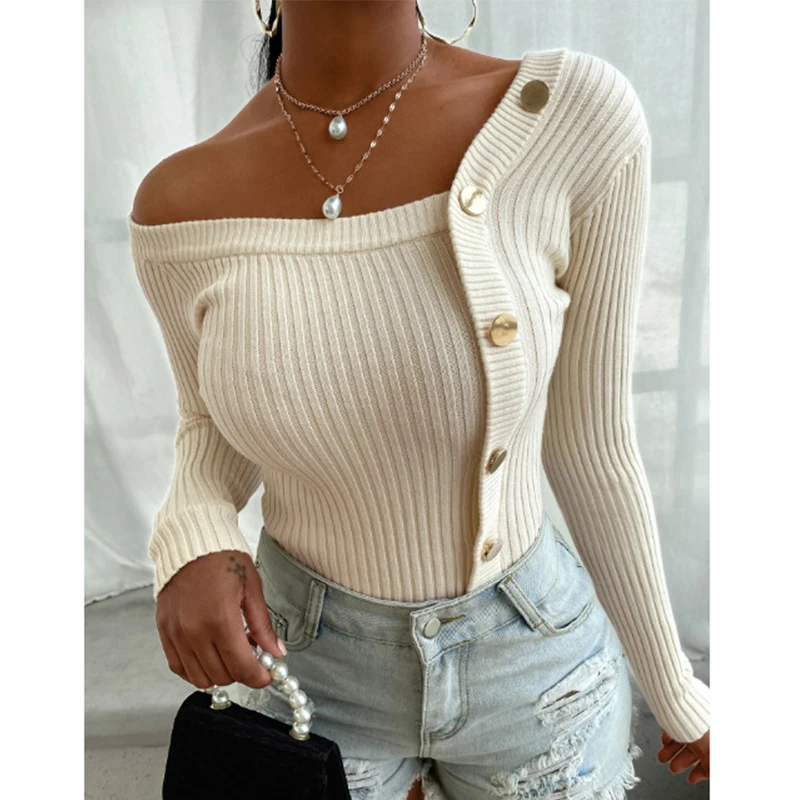 

6 Colors Fashion Oversized Sweater Women's Casual Button Strapless Knit Pullover Solid Color Long-Sleeved Knitted Stitching Tops