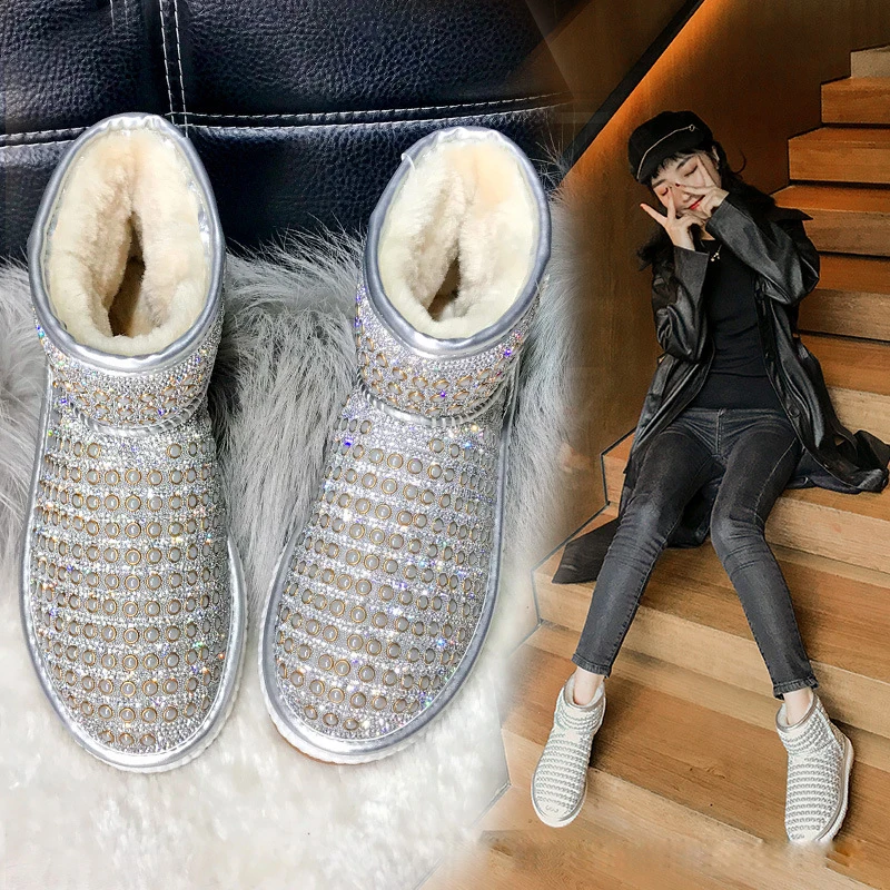 Стразы женские теплые ботинки с блестящими кристаллами зимние женская обувь из