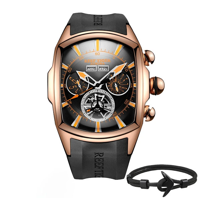 Топ бренд Reef Tiger Reloj Hombre Роскошные Tourbillon циферблат автоматические часы с резиновым ремешком механические водонепроницаемые мужские часы даты Relogio Masculino+ подарок - Цвет: RGA3069PBBO Box Gift