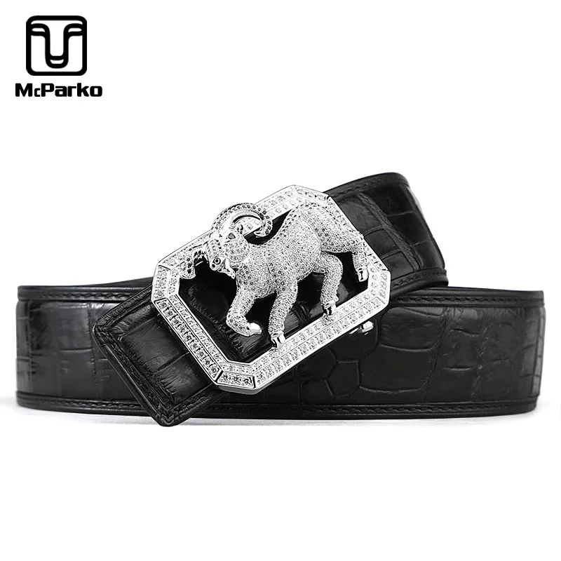 

McParko Crocodile Belt Mens Leather Belts With Buckle Luxury Animal Design Genuine Leather Waist Belt with rhinestones Buckle