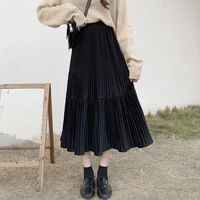 houzhou velvet pleated long skirts women black vintage high waisted elegant midi skirt autumn winter korean style office lady
