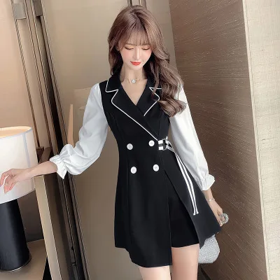 

New autumn suit women's stitching belt slim slimming long sleeve dress shirts casual temperament ladies two piece suit