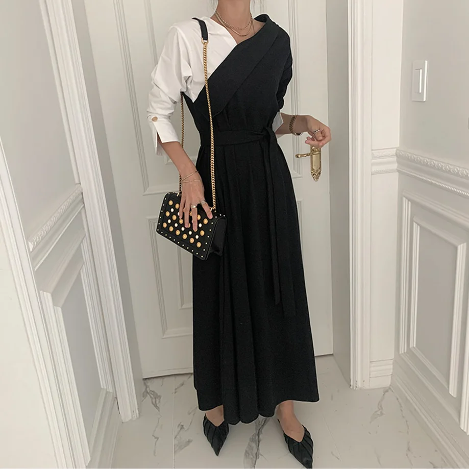 

Slim Stylish Elegant classic Patchwork contrast dress with belt V neck bodycon spring 2021 party Dress Vestidos C116