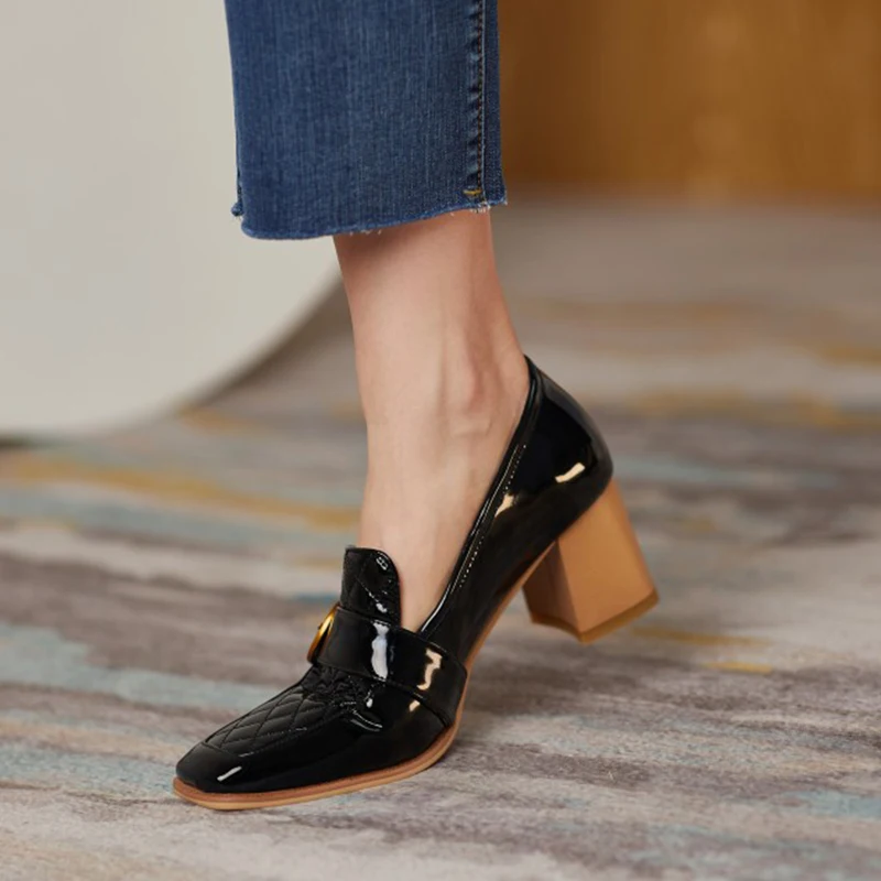 

Genuine Patent Leather Women Shoes Slip-On Retro Belt Buckle Shoes Thick Heel Fashion Spring/Autumn All-match Pumps Size 34-40