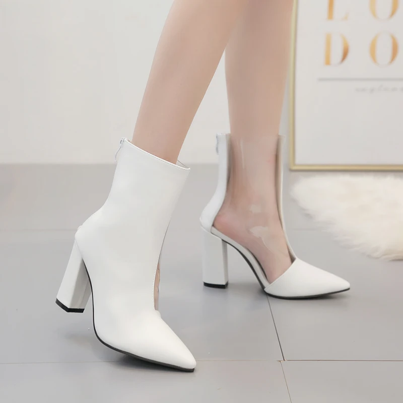 2019 г. Женские белые сапоги прозрачные для стриптиза короткие ботильоны на