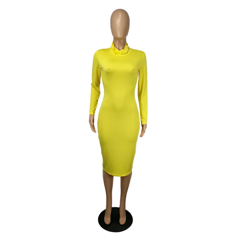 

WJFZQM Turtleneck Long Sleeve Skinny Mini Dress Women Autumn Sexy Sporting Style Dresses 3 Color Bodycon Slim Yellow Clubwear
