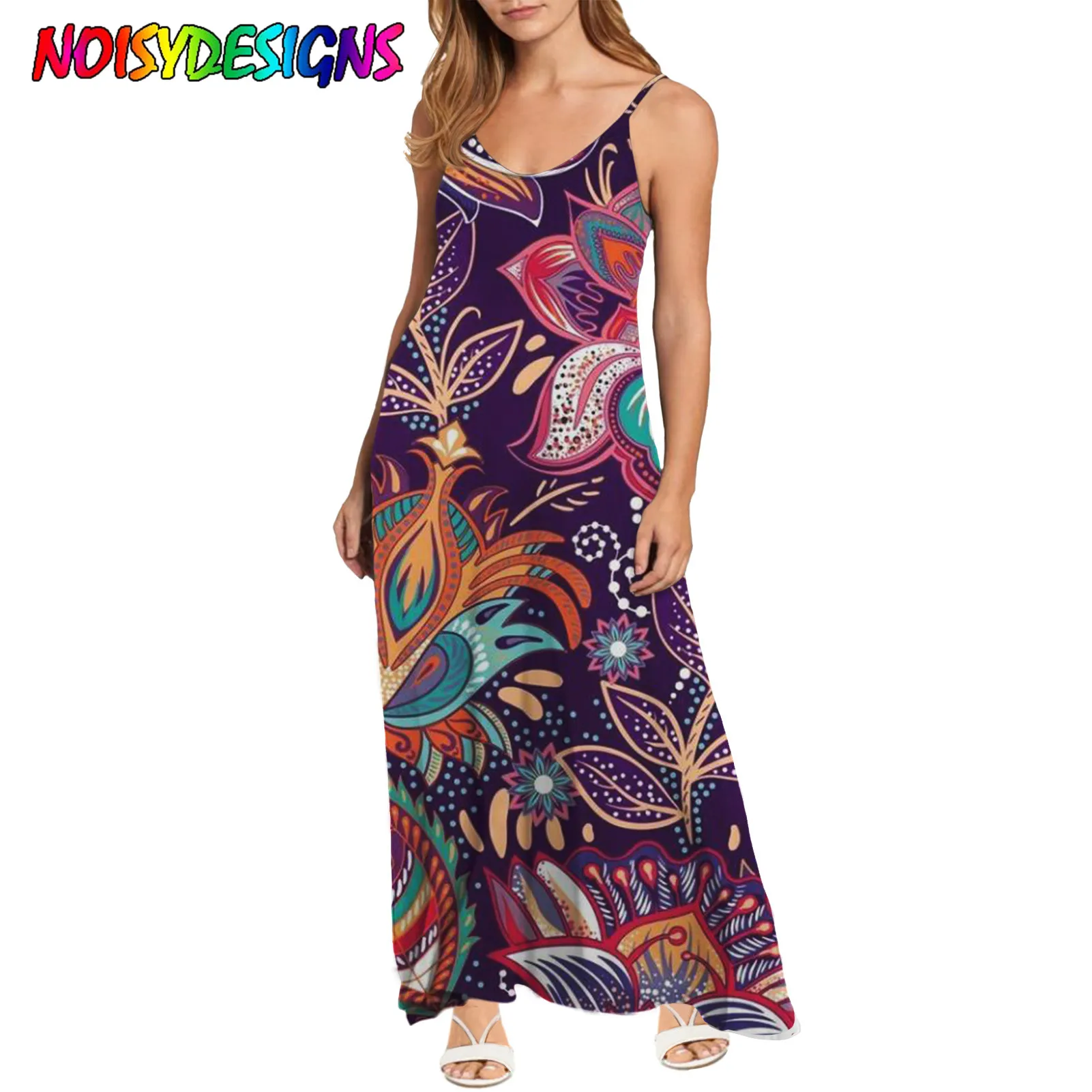 

NOISYDESIGNS Sexy Spaghetti Strap Dresses Purple Rose Painting Women Party Fashion Backless Sleeveless Floral Dress Dropshipping