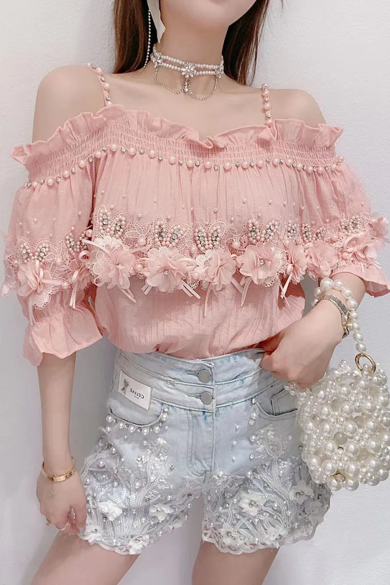 

2021 Summer New Sweet Three-Dimensional Flower off-Shoulder Spaghetti Straps Beaded Loose Short Sleeve Shirt Top