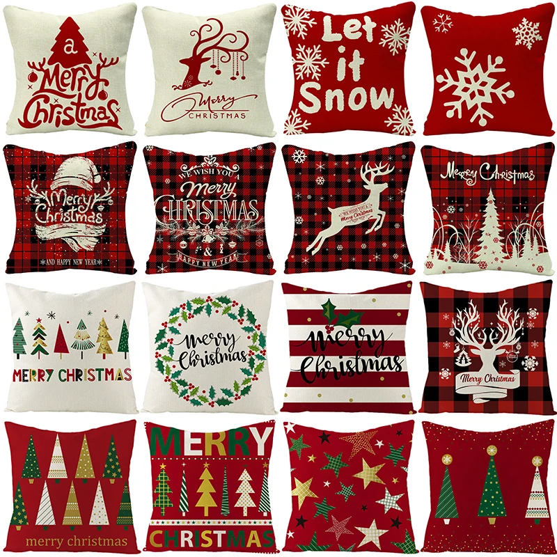 

Merry Christmas Decor Cushion Cover 45x45cm Buffalo Lattice Printed Throw Pillowcase Cartoon Plaid Red Pillow Covers for Xmas