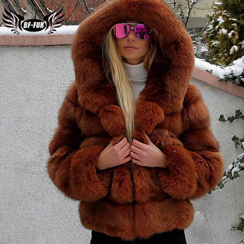 BFFUR Natural Fox Fur Coats Women Winter Fashion Real Fox Fur Jackets With Hood Thick Warm Fur Overcoats Luxury Woman Outwear