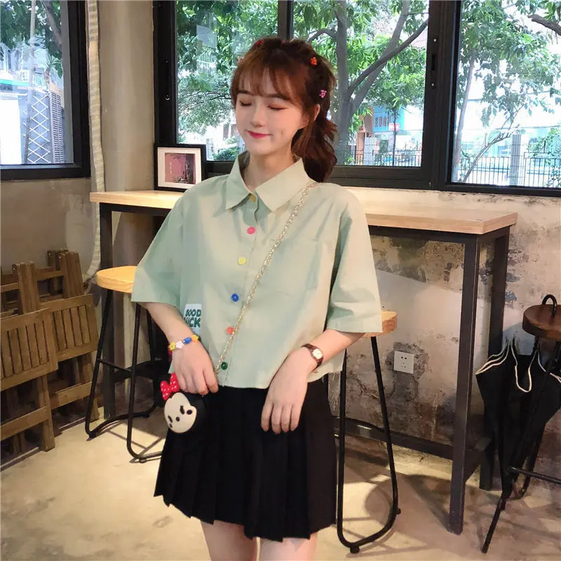 

New Women Blouses Holiday Casual Short Sleeve Tops Ladies Colorful Button Solid Shirt Korean Summer Fashion Female Clothing Y573