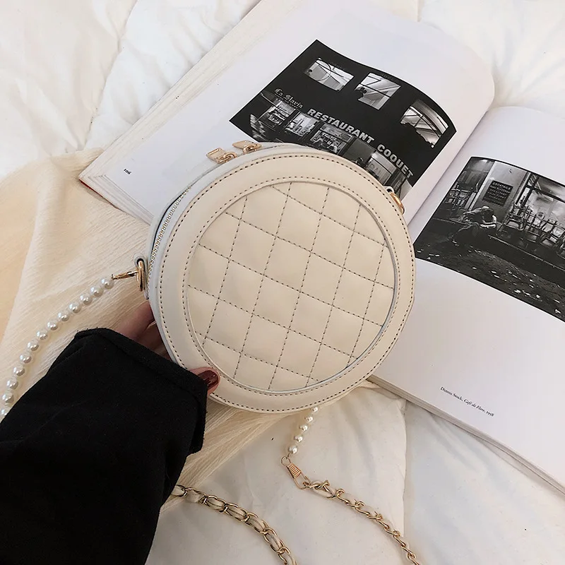 

Female Round Beading Tote Crossbody Bags Women 2020 PU Leather Luxury Handbags Designer Ladies Hand Chain Shoulder Messenger Bag