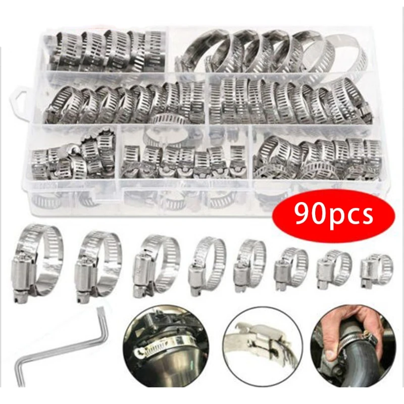 

90Pcs 8-44mm Circular Air Water Pipe Fuel Hose Clips Stainless Steel Fixed Clamp Worm Gear Hose Clamp