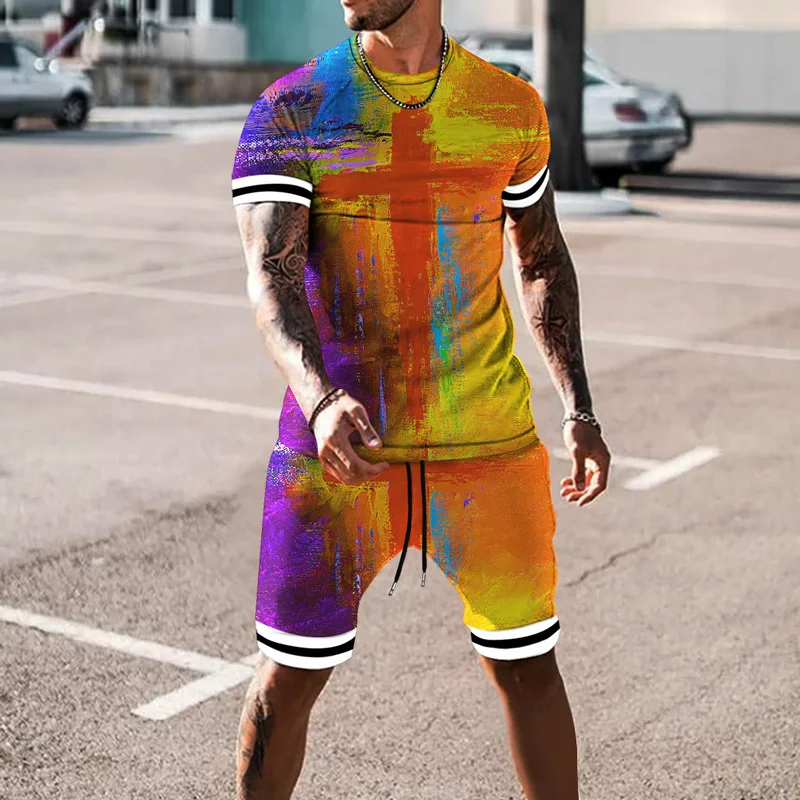 

New Fashion Men'sTwo-Piece Vintage Cross Printed Short-Sleeved T-Shirt+Shorts Clothes Casual Men Set Streetwear 2021