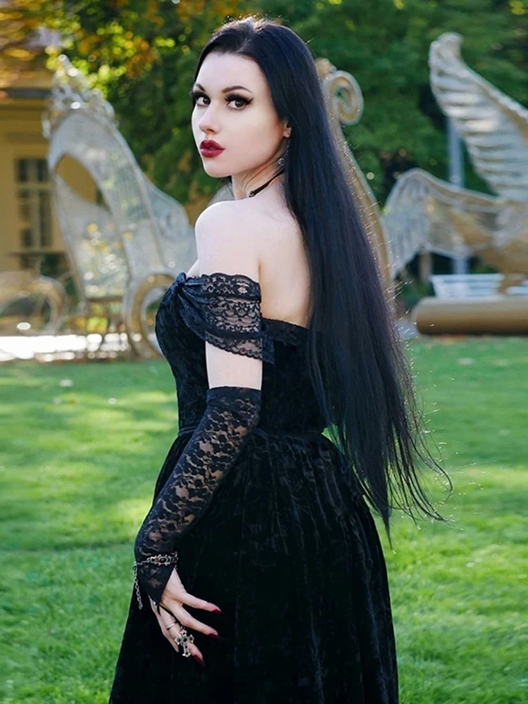 Винтажное бархатное платье-миди с открытыми плечами и кружевом | Женская одежда