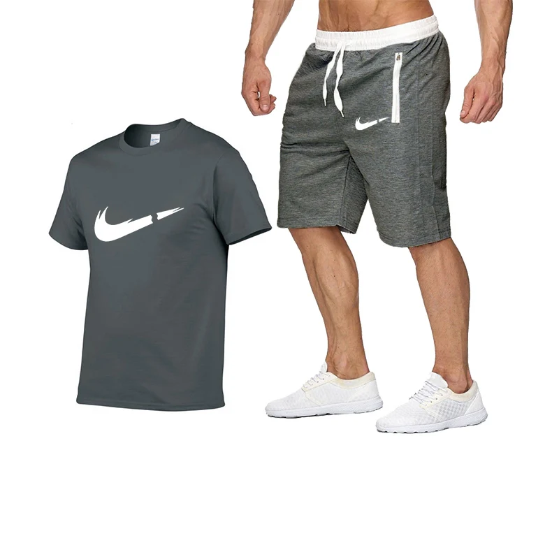 

2021Summer Men's T-shirt Set 2-piece Men's Sportswear Suit Basketball Sports Fitness BMW Printed Short Sleeve + Men's Suit
