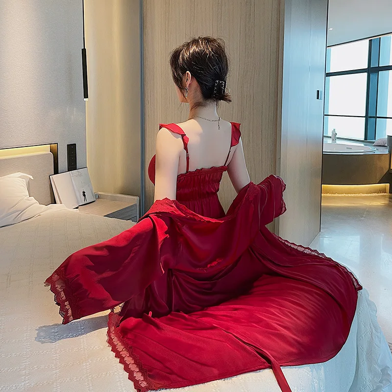 Ice Silk Nightdress Women's Summer Thin 2Pcs Suit Nightgown with Chest Cushion Sling Gowns Robe Home Wear Sexy Sleepwear