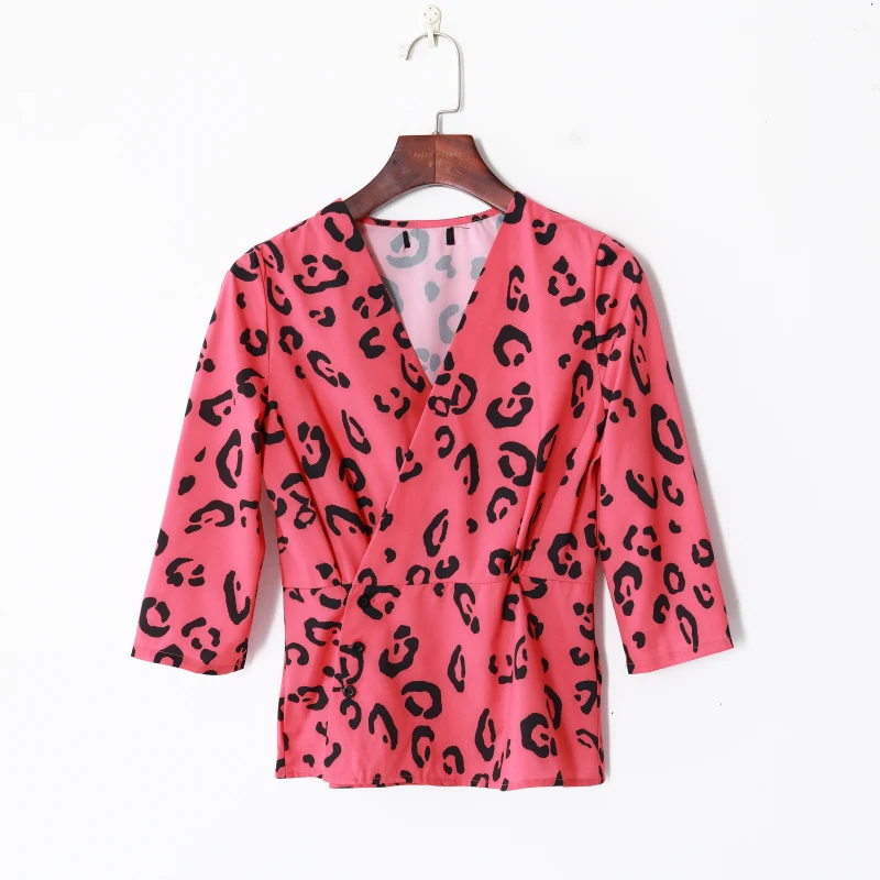 

Женские топы и блузки с леопардовым принтом, Офисная облегающая блуза с v-образным вырезом и пуговицами, лето 2020