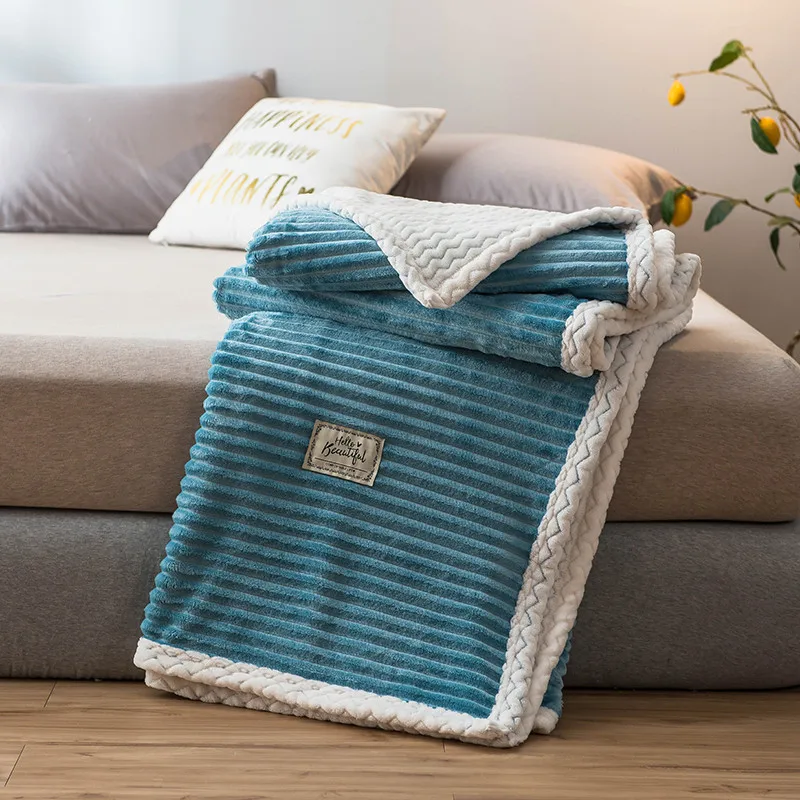 Синее фланелевое одеяло двустороннее мягкое флисовое покрывало в полоску для