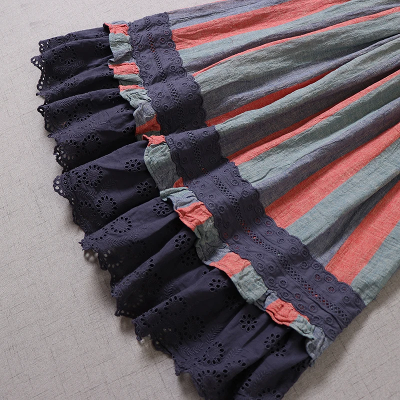 

New Summer Women Rainbow Striped Cotton and linen Skirt Mori Girl Loose Elastic Waist Hollow Embroidery Lace Skirt