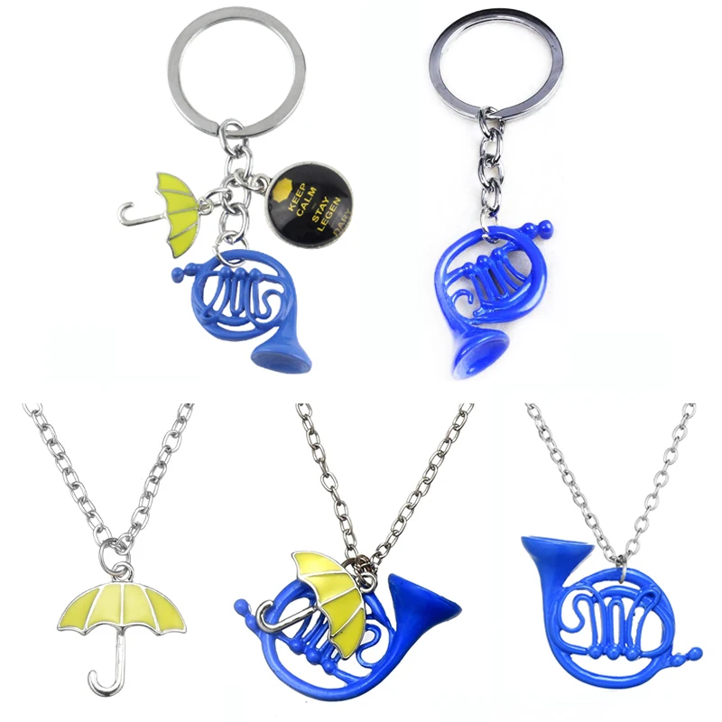 

Hot Sale US Reality Show HIMYM Keychain How I Met Your Mother Yellow Umbrella Blue French Horn Keyring Charm Pendant Jewelry